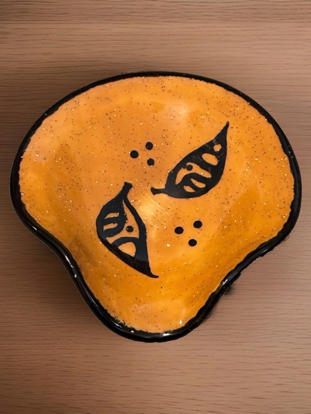 Vintage Studio Pottery Spoon Rest Orange Black Abstract Leaf MCM Handmade